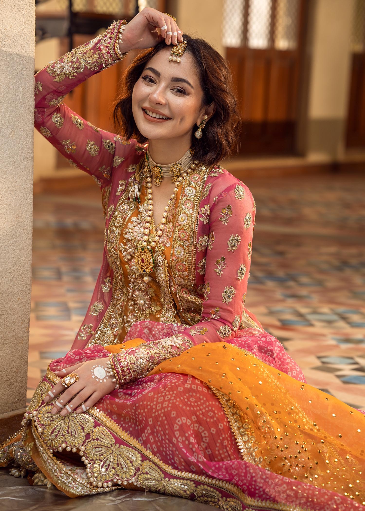 Mehndi Galore pakistani fashion outfit in gold, mustard, orange, pink…